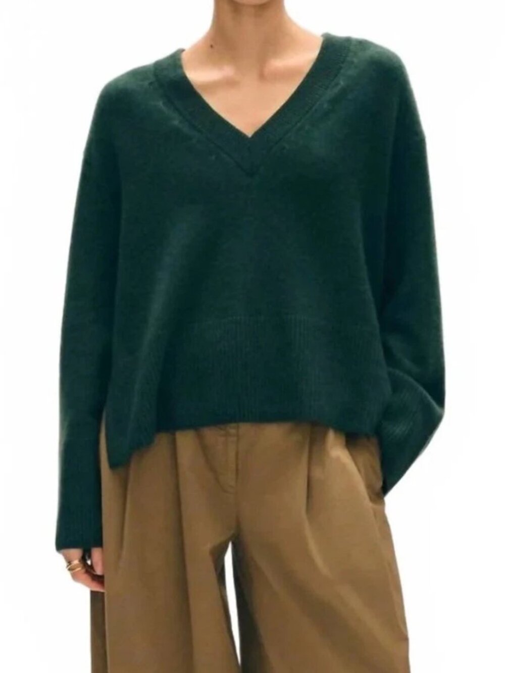 White + Warren Cashmere Side Slit V-Neck Sweater L Emerald Green